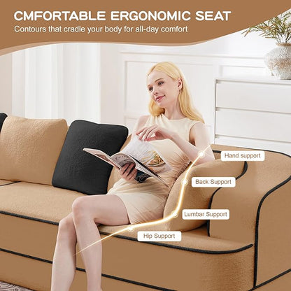 Cloud Sectional Sofa Modern Boneless Couch for Living Room, Comfy Deep Seat Comfy Teddy Fabric Double Sofa Chaise No Assembly Required (Camel, 77.2" Double Chaise Lounge)