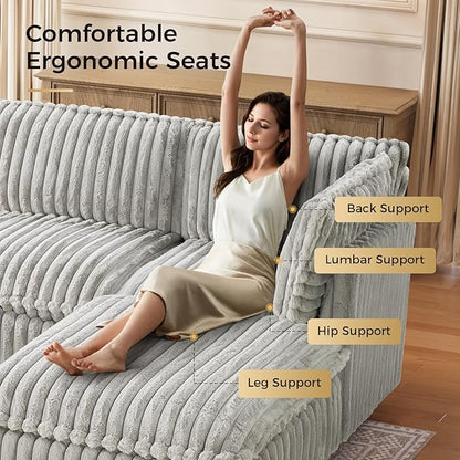 KKL Modular Sectional Couch for Living Room, V Shaped Corduroy Couches with Corner Seat, 5 Seater Oversized Sofa Convertible to Sleeper, Soft Fabric Modern Sofa, Grey