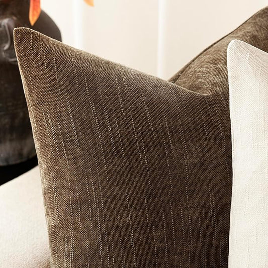 Foindtower Pack of 2 Soft Textured Chenille Throw Decorative Pillow Covers Square Accent Solid Cushion Cover Neutral Farmhouse Pillow Case for Couch Sofa Bedroom Living Room 26x26 Inch,Taupe Brown