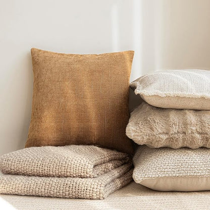 Foindtower Set of 2 Soft Textured Chenille Throw Decorative Pillow Covers Square Accent Solid Cushion Cover Neutral Farmhouse Pillow Case for Couch Sofa Bedroom Living Room 20x20 Inch,Golden Brown