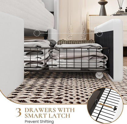 SHA CERLIN Queen Bed Frame with 3 Drawers, USB & Type-C Charging Ports, Velvet Upholstered Platform Bed with Modern Geometric Wingback Storage Headboard, No Box Spring Needed, Easy Assembly, White