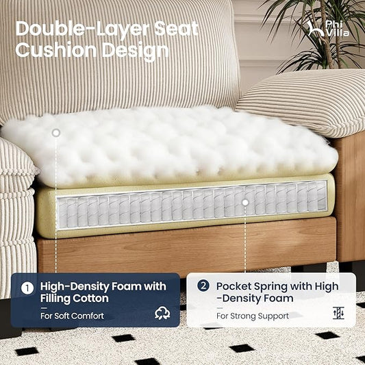 PHI VILLA Indoor Modular Sectional Couches Sets, 2-Piece Armless Sofa Set, 2-Seater Upholstered Couch for Living Room Small Spaces, Corduroy Fabric, Beige