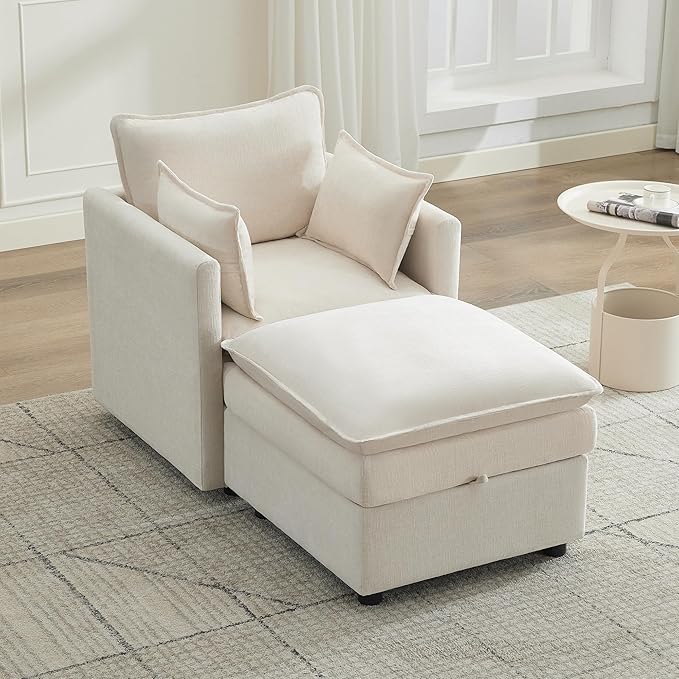 30" Cloud Modular Single Sofa Chair with Storage Ottoman, Modern Upholstered Accent Chair with Storage, Chenille Reading Lounge Armchair for Living Room, Bedroom, Small Space, Beige