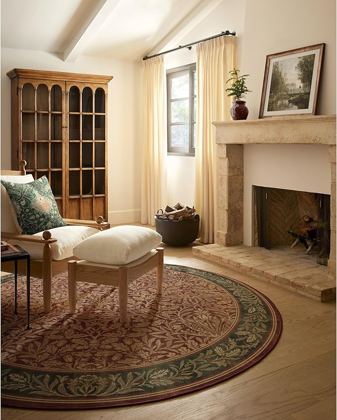 RUGGABLE x Morris & Co Machine Washable Christmas Area Rug – Acorn Amber Red 8 ft Round, Stain-Resistant, Non-Slip – Large Rugs for Living Room, Bedroom, Hallway, Entryway & Office–with Cushioned Pad