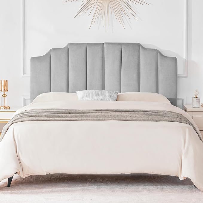 Velvet Upholstered Headboard Queen, Tufted Headboard, Elegantly Curved headboard only, Soft Padded headboards Queen Size, Modern Vertical Channel Design Head Board, Soft Grey