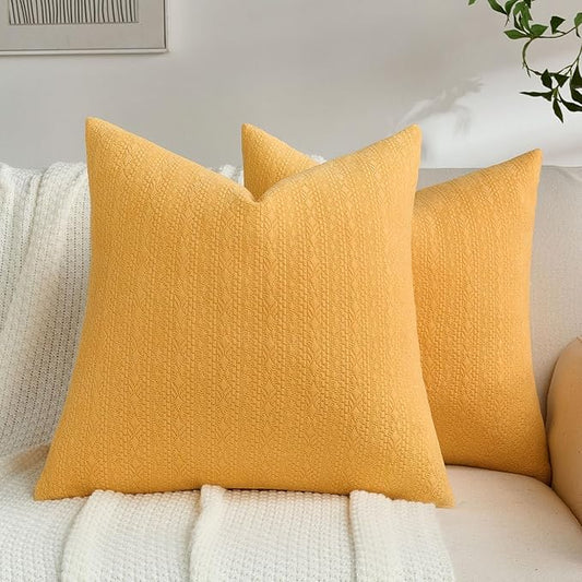 FUTEI Mustard Yellow Chenille Throw Pillow Covers 26x26 Inch Set of 2,Soft Striped & Diamond Textured Euro Pillow Shams,Modern Home Decor for Couch Living Room