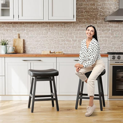 Counter Height Bar Stools Set of 2, 24 Inch Barstools for Kitchen Counter, Kitchen Stools with Bonded Leather Saddle Seats & Heavy Duty Metal Legs, Easy Assembly, Gray/Black