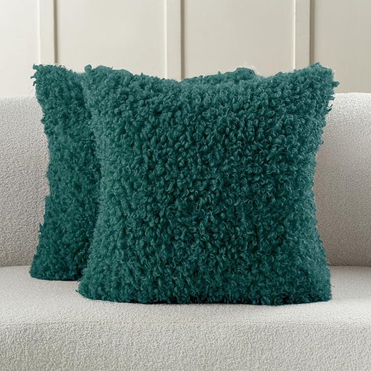 FUTEI Teal Decorative Throw Pillow Covers 24x24 Inch Set of 2,Soft Fluffy Faux Wool Fur Boucle Textured European Cushion Case,Modern Home Decor for Couch Bed Living Room Office
