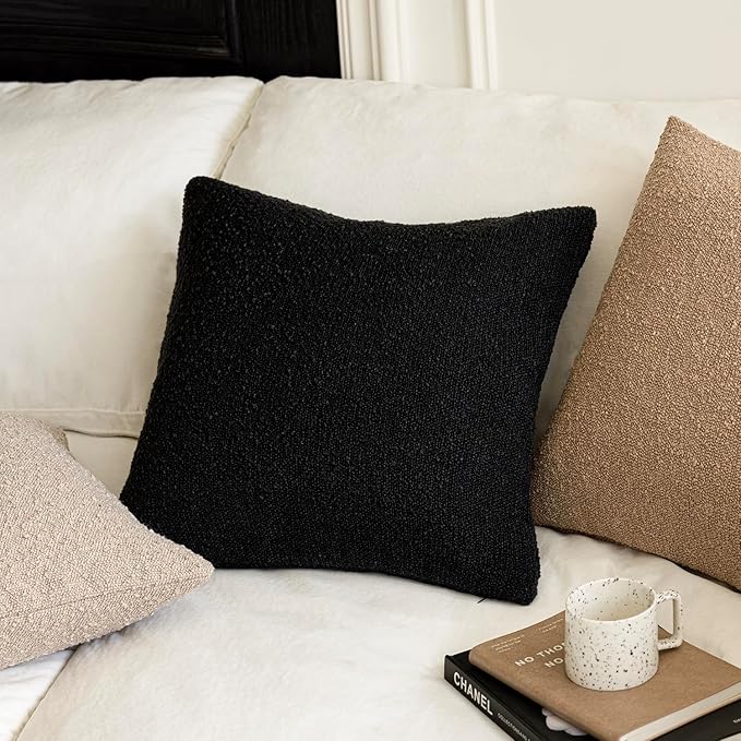 Foindtower Pack of 2, Decorative Textured Boucle Throw Pillow Covers Accent Solid Pillow Cases Neutral Soft Cozy Couch Cushion Case for Chair Sofa Bedroom Living Room Home Decor 26 x 26 Inch Black