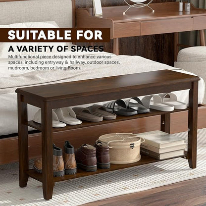 Shoe Bench Storage Rubberwood with Leather Cushion for Entryway Bench Ideal for Hallways Shoe Rack Front Doors Entrances Mudrooms Featuring 3 Height-Adjustable and Removable Shelves
