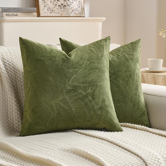 FUTEI Moss Green Velvet Throw Pillow Covers 18x18 Inch Set of 2,Soft Embossed Leaf-Relief Textured Cushion Cases,Natural Home Decor for Couch Living Room