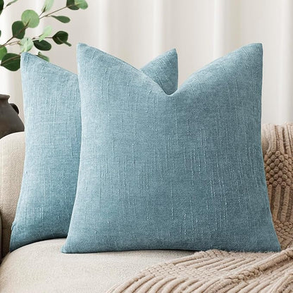 Foindtower Pack of 2 Textured Chenille Throw Decorative Pillow Covers Square Accent Solid Cushion Cover Neutral Farmhouse Pillow Case for Couch Sofa Bedroom Living Room 22x22 Inch,Light Blue