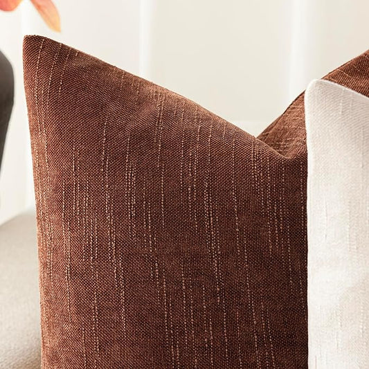 Foindtower Pack of 2 Soft Textured Chenille Throw Decorative Pillow Covers Square Accent Solid Cushion Cover Cozy Neutral Farmhouse Pillow Case for Couch Sofa Bedroom Living Room 24x24 Inch,Red Taupe