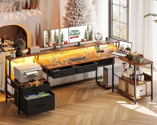 AODK L Shaped Desk with 5 File Drawers, 75" Reversible L Shaped Computer Desk with Power Outlet & LED Strip, Office Desk with Storage Shelves, Gaming Desk with Monitor Shelf, Corner Desk, Vintage