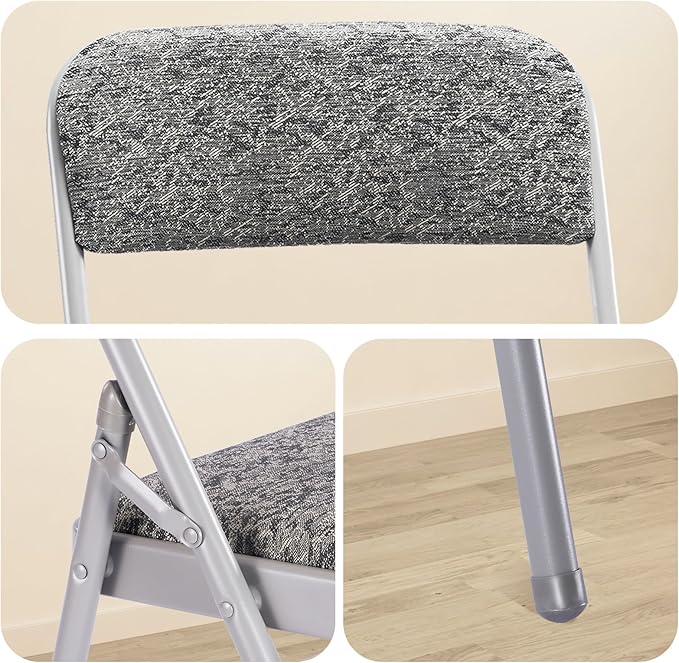 cyclone sound 4 Pack Folding Chairs with Fabric Padded Cushion and Back, Commercial Grade Metal Chairs with Fabric Cushion for Home and Office, for Indoor and Outdoor Events (4, Gray-Fabric)