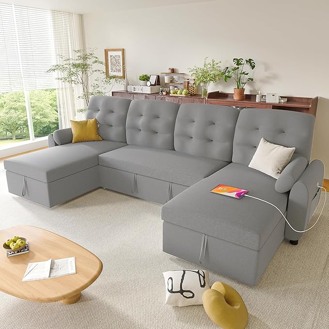 Ucloveria Sleeper Sofa Bed, 112" U Shaped Sectional Sofa Couches for Living Room, Pull Out Couch Bed with Dual Reversible Storage Chaise | Charging Station | Side Pockets | Removable Backrest