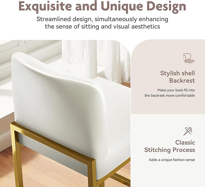 ALPHA HOME 24 Inch Bar Stools, Kitchen Counter Stools with Backs, PU Leather Barstools, White Bar Stools with Upholstered Footrest, Sturdy Chromed Metal Steel Frame, White