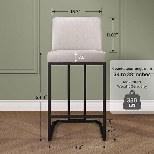 PHI VILLA Light Grey Bar Stools Set of 6, Faux Leather Counter Height Chairs, Kitchen Stools for Island, 24 Inch Barstools with Back