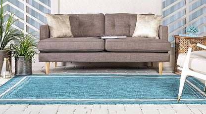 Unique Loom Outdoor Border Collection Area Rug - Soft Border (9' x 12' Rectangle, Teal/ Ivory)