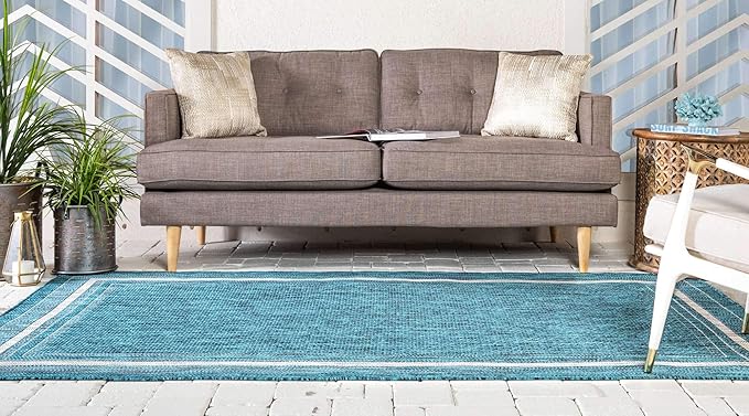 Unique Loom Outdoor Border Collection Area Rug - Soft Border (7' 1" x 10' Rectangle, Teal/ Ivory)