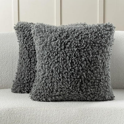 FUTEI Dark Grey Decorative Throw Pillow Covers 16x16 Inch Set of 2,Soft Fluffy Faux Wool Fur Boucle Textured Cushion Case,Modern Home Decor for Couch Bed Living Room Office
