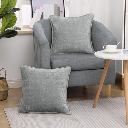 decorUhome Chenille Soft Throw Pillow Covers 18x18 Set of 2, Farmhouse Velvet Neutral Decorative Euro Pillow Covers with Stitched Edge for Couch Sofa Bed Home Decor, Neutral Gray