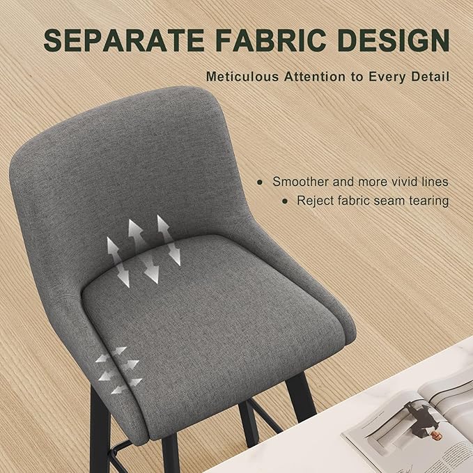 Swivel Bar Stools Set of 2, 30''H Upholstered Barstools with Backs, Modern Counter Height Bar Stool Chairs for Kitchen Island, Metal Legs, Fabric, Gray Counter Stools