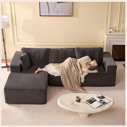107" Boneless Couch with Deep Seat, Modular Sectional Sofa, Cloud Sectional Couch for Living Room, No Assembly Required, Corduroy, L-Shape Left，Grey