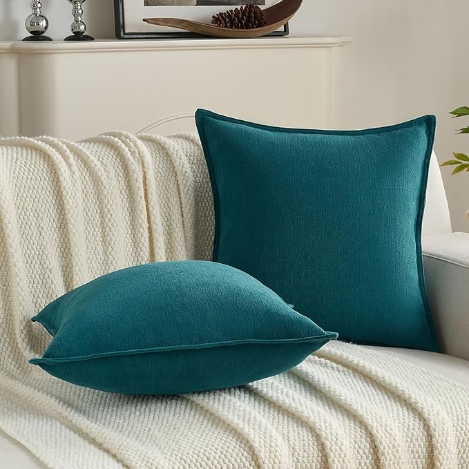 FUTEI Teal Chenille Throw Pillow Covers 18x18 Inch Set of 2,Edges Double-Stitched Cushion Cases,Modern Home Decor for Couch Living Room