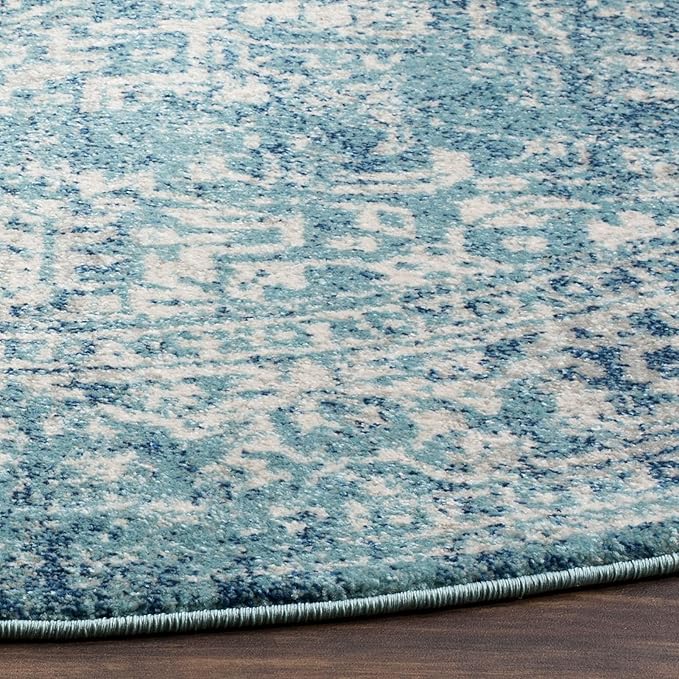 SAFAVIEH Evoke Collection Area Rug - 5'3" Round, Blue & Ivory, Distressed Design, Non-Shedding & Easy to Clean, Ideal for Living Room, Bedroom, Dining Space (EVK256C)