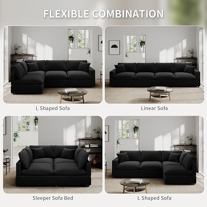 Modern Sectional Linen Cloud Couch for Living Room Armless Modular Filled-Down Sofas,Detachable Couch Cushion Covers,Cozy Feather Down Sofa for Apartment Black