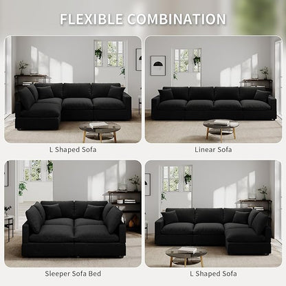Modern Sectional Linen Cloud Couch for Living Room Armless Modular Filled-Down Sofas,Detachable Couch Cushion Covers,Cozy Feather Down Sofa for Apartment Black