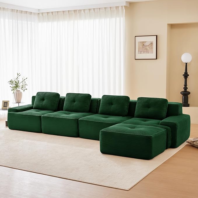 150.4” Green Boneless Couches for Living Room, Modular Sectional Sofa with L-Shape Chaise, 4 Seater Comfy Upholstered Deep Seat Corduroy Fabric Cloud Couch No Assembly, Anti-Slip Design