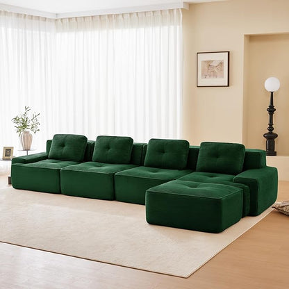 150.4” Green Boneless Couches for Living Room, Modular Sectional Sofa with L-Shape Chaise, 4 Seater Comfy Upholstered Deep Seat Corduroy Fabric Cloud Couch No Assembly, Anti-Slip Design