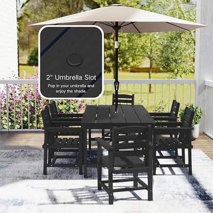 7 Piece Patio Dining Set with 11ft Patio Umbrella (Rose Pink), 7 Black Outdoor HDPE Dining Set with 6 Chairs + 1 Large Table, for Market, Pool, Garden, Backyard, Deck