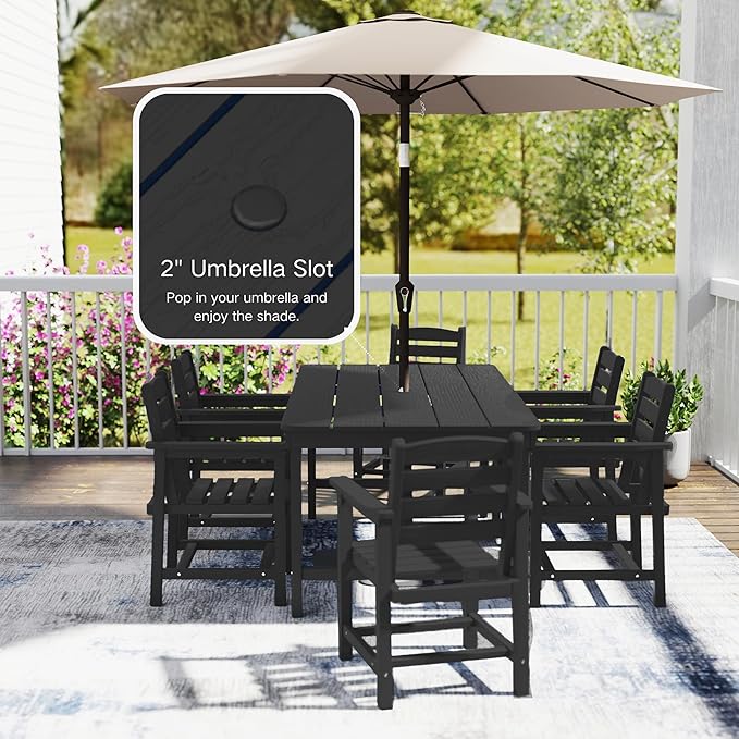 7 Piece Patio Dining Set with 11ft Patio Umbrella (Dark Green), 7 Black Outdoor HDPE Dining Set with 6 Chairs + 1 Large Table, for Market, Pool, Garden, Backyard, Deck
