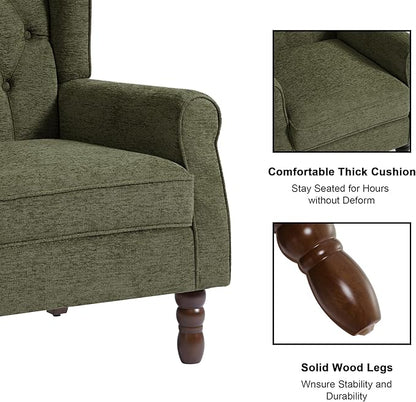 Accent Chair, Upholstered Armchair with Button Tufted High Back & Solid Wood Legs, Comfy Wingback Reading Single Sofa Chair for Small Spaces, Living Room, Bedroom (Green, Set of 2)
