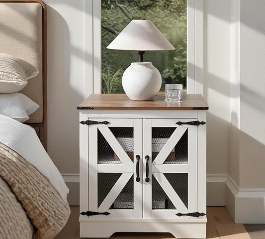 Farmhouse Coffee Table Set of 3, 1 Lift Top Coffee Table with Sliding Barn Doors and 2 End Tables with Charging Station, Living Room Table Set for Home Office, White