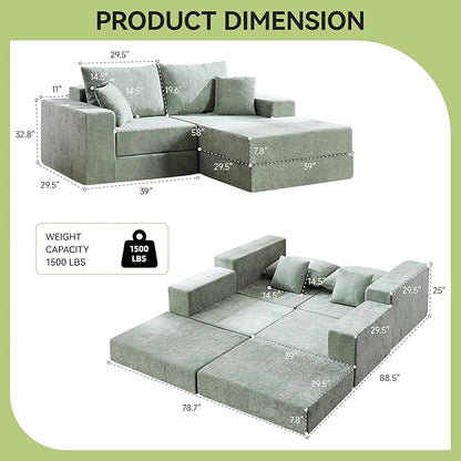 79" Boneless Loveseat Sofa Couch, Modular Foldable Floor Cloud Sofa with Ottoman, Lounge Convertible Sofa Bed for Living Room, No Assembly, Chenille Green