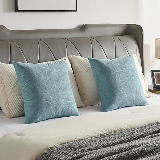FUTEI Grey Blue Velvet Throw Pillow Covers 24x24 Inch Set of 2,Soft Embossed Leaf-Relief Textured European Cushion Cases,Natural Home Decor for Couch Living Room