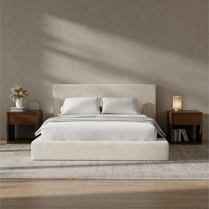 RECCI Cloud Upholstered Queen Bed Frame with Headboard, 5 Inch Foam Padded Platform, No Box Spring, Easy Assembly(Cream)