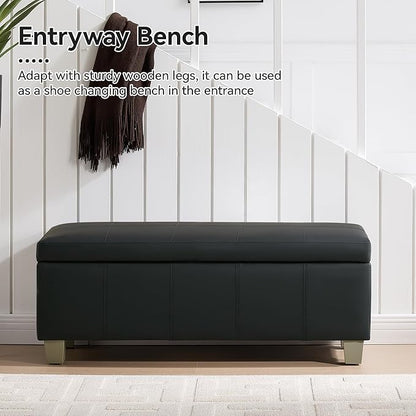 41" Faux Leather Storage Ottoman, Stitch Tufted Rectangle Upholstered End of Bed Storage Bench, Entryway Large Couch Ottoman with Wooden Legs, Dark Black