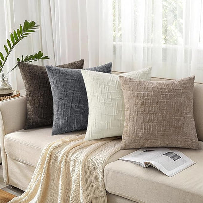 decorUhome Oatmeal Chenille Throw Pillow Covers 22x22 Set of 2 Thick Textured Slubby Couch Pillow Covers Farmhouse Accent Modern Neutral Decorative Pillow Cases for Bed Sofa Living Room