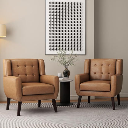 Accent Chair, Mid-Century Modern PU Leather Chairs with Arms for Living Room, Comfy Upholstered Club Single Sofa Armchair for Bedroom Waiting Room with Solid Wood Frame（Leather Brown, Set of 1)