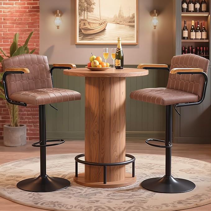VECELO Bar Stools Set of 2, Adjustable Upholstered Swivel Barstools, Modern Counter Height Bar Stools with Back and Footrest, Island Chairs for Kitchen, Dining Room, Bar