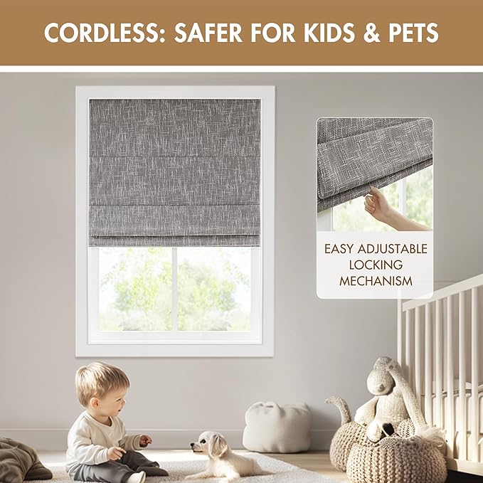 Madison Park Cordless Roman Shades, Total Blackout Window Blind Privacy Window Shades, Thermal Insulated Cordless Window Treatment for Bedroom, Living Room, Quincy, Single Panel 34" W X 64" H Grey