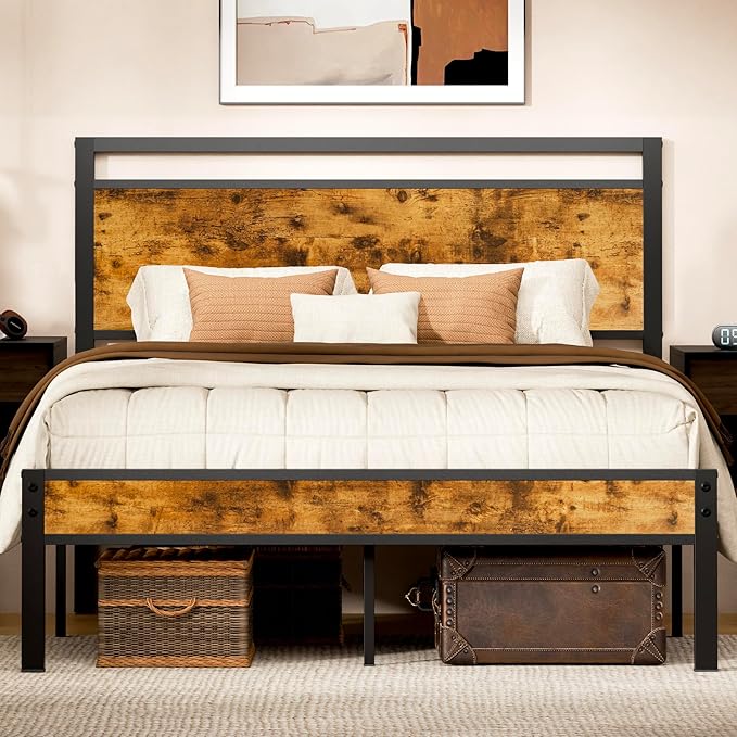 Z-hom Queen Bed Frame with Modern Wood Headboard & Footboard, Upgraded Heavy Duty Metal Sturdy Bed Frame Queen Size, Stable Platform Bed Furniture Bed Storage, No Noise, No Box Springs, Vintage Brown