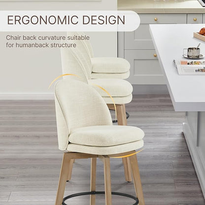 Counter Height Barstools 26 inch Upholstered Swivel Bar Stools with Back and Wood Legs for Kitchen Island,Set of 2,Linen Fabric-Armless