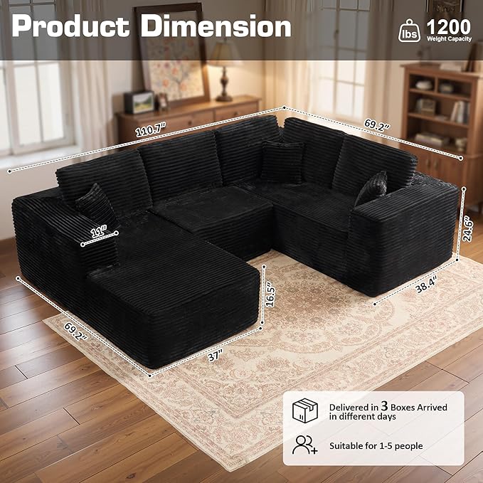 Weaxty Boneless Sectional Couch, U Shaped Modular Cloud Couches with Chaise, Plush Corduroy Memory Foam Deep Seat Floor Sofa, No Assembly Required，Black