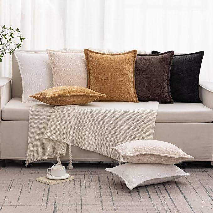 Cream White Decorative Throw Pillow Covers 24x24 Inch Set of 2 Cozy Soild Chenille Cushion Cases Soft Textured Square Couch Pillows Cover Boho Accent Farmhouse Pillowcases for Sofa Bed
